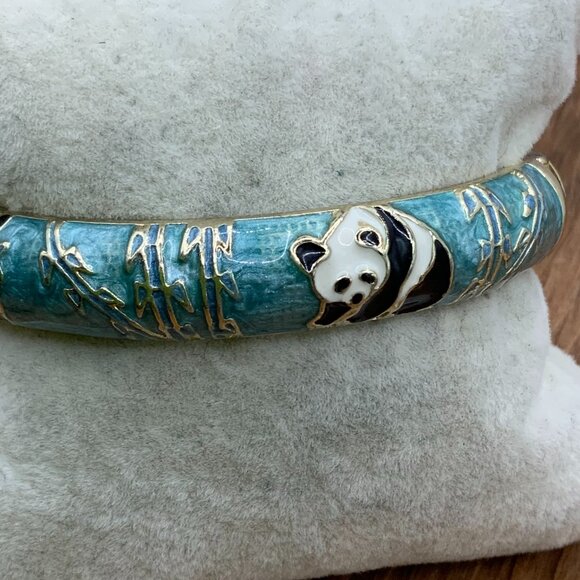 Vintage Jewelry - Cloisonne Vintage Blue Enamel Gold Tone Panda Hinged Bangle